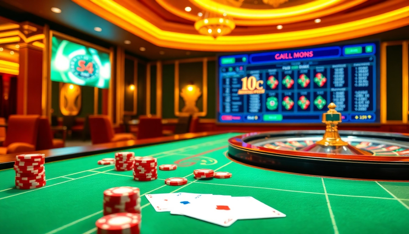 Tỷ lệ cá cược displayed on digital interfaces in an exciting casino setting with cards and roulette.