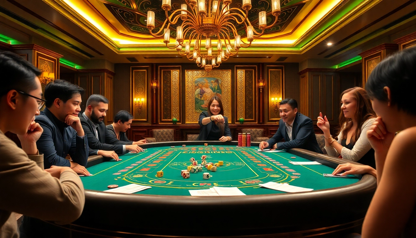 Xóc đĩa online game environment showcasing thrilling dice rolls and excited players in a luxurious casino.