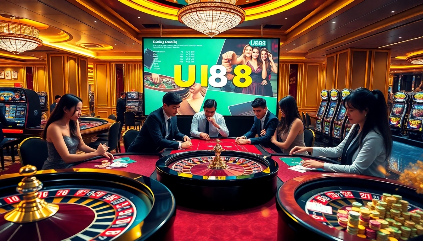 UU88 online casino scene depicting exciting gameplay at roulette and poker tables.