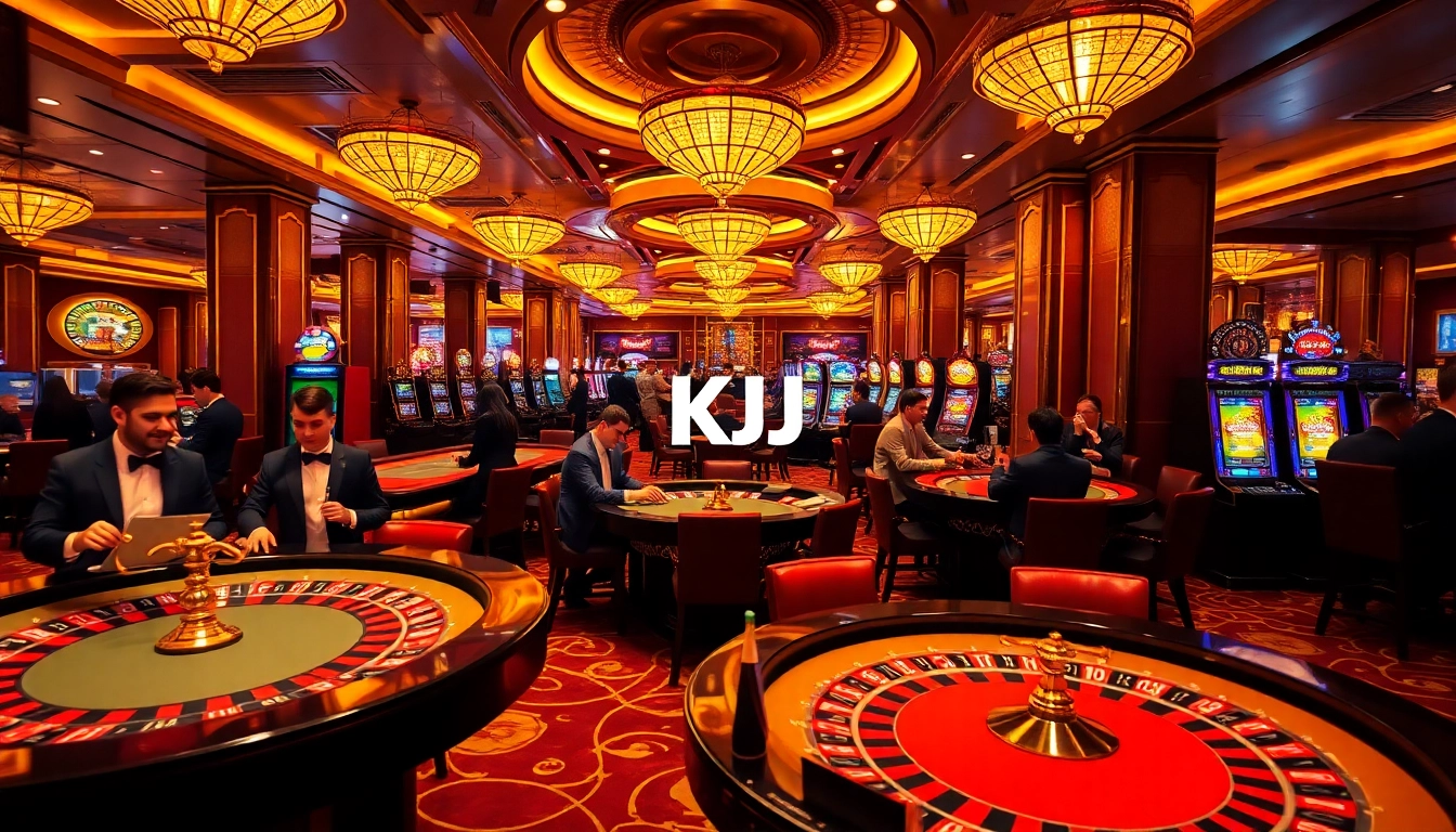 KJC branding featured prominently in an elegant casino scene with players engaged in table games and slot machines.