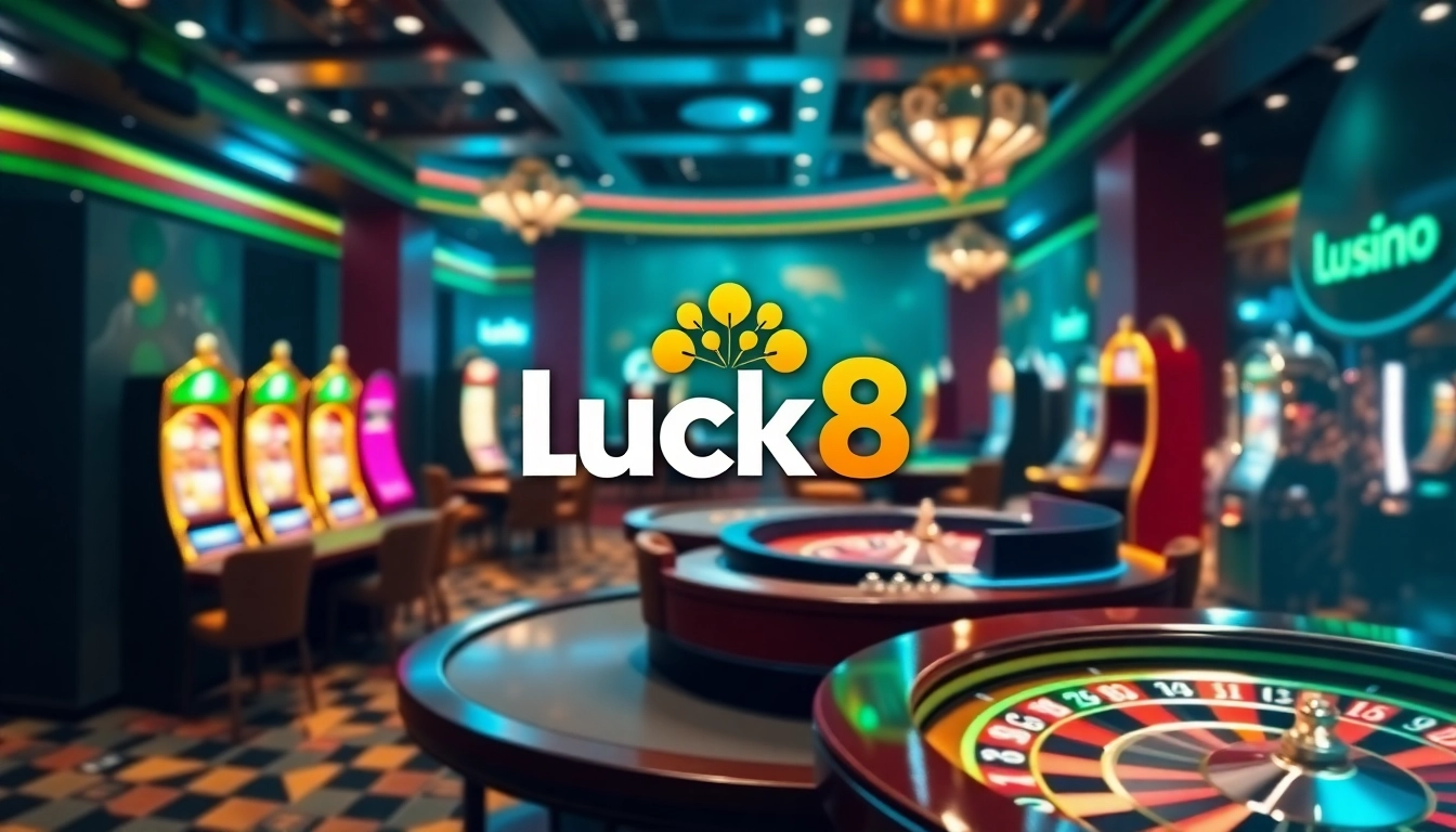 Luck8 casino gaming scene with vibrant roulette wheels and elegant poker tables.