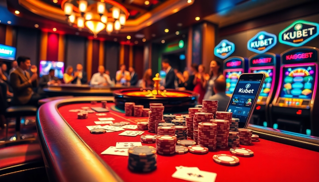 Kubet gaming scene showing vibrant casino tables with poker chips and active gamblers.
