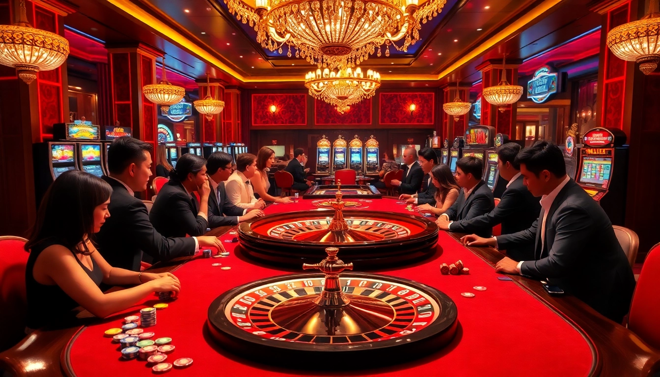 Excited gamblers at a luxurious casino table featuring 6L777 betting chips and vibrant ambiance.