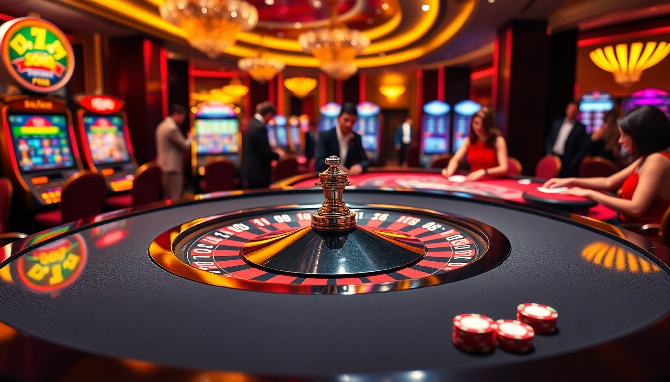 DF999 roulette table surrounded by excited gamblers, capturing a vibrant casino atmosphere.