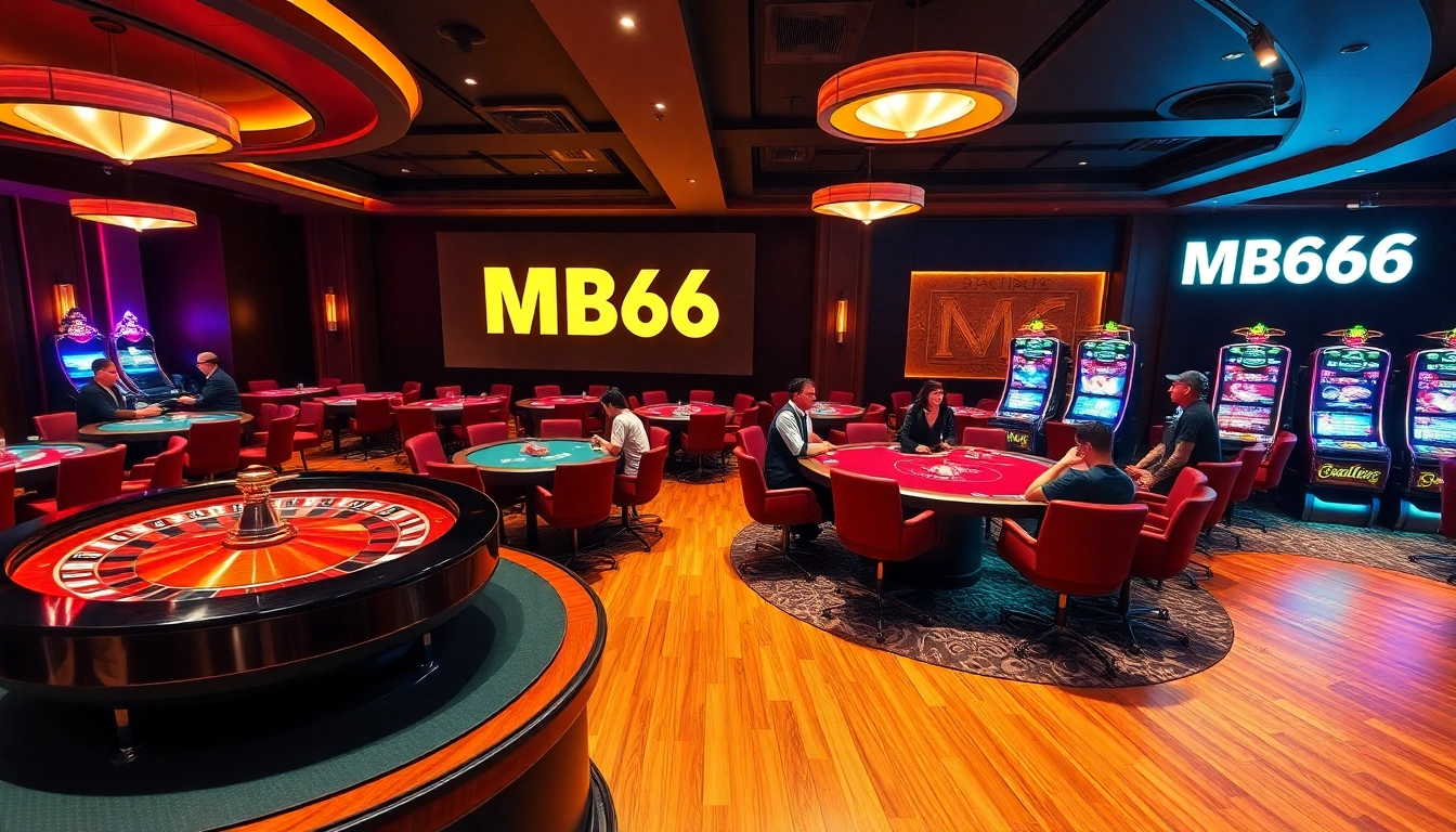 Players enjoying roulette and poker at the luxury casino themed MB66, vibrant and exciting atmosphere.