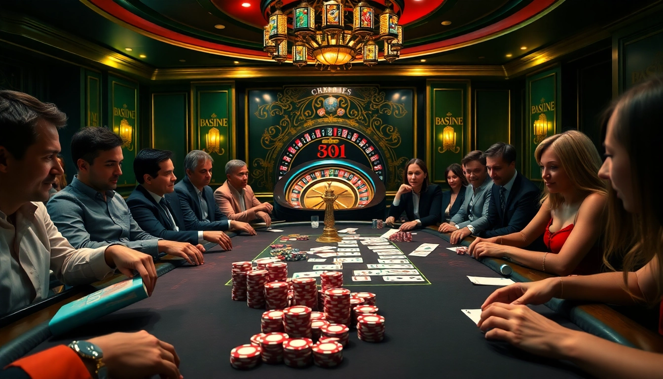 Gamblers enjoying high-stakes poker at https://bags168.com/ casino table with vibrant chips and cards.