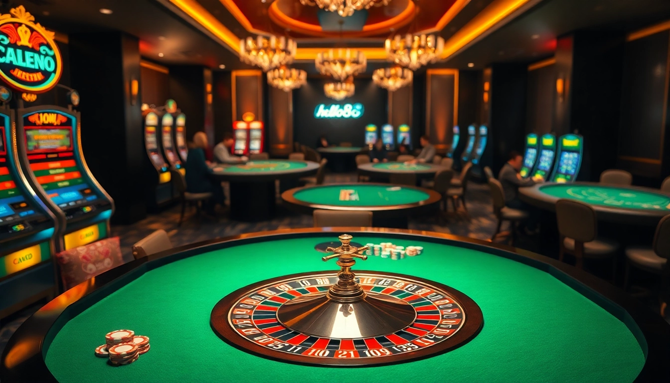 Hello88 casino scene with roulette wheel, poker players, and vibrant slot machines.