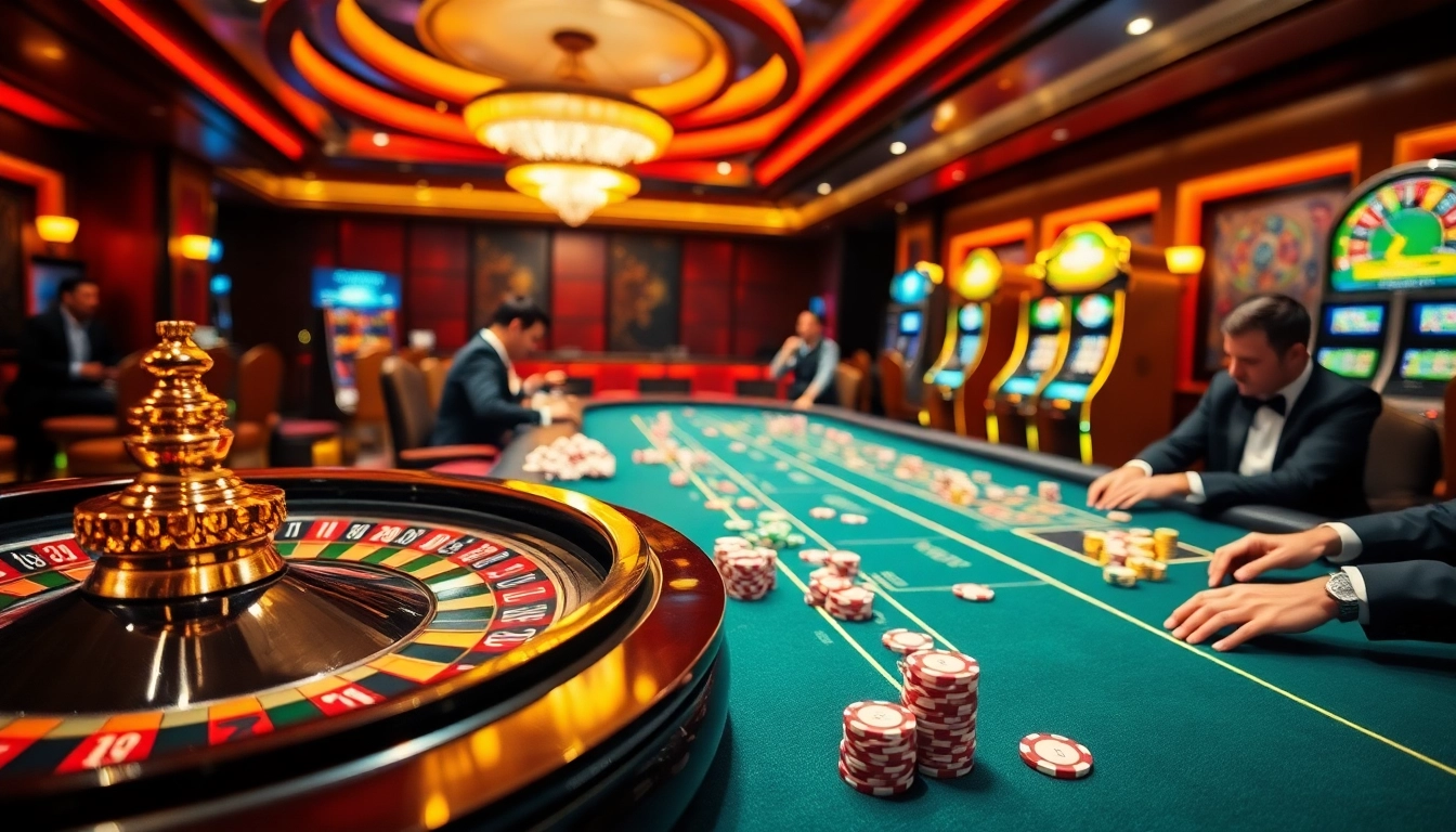 Engaging scene depicting players strategizing at a table while exploring trang chủ e2bet in the exciting casino environment.