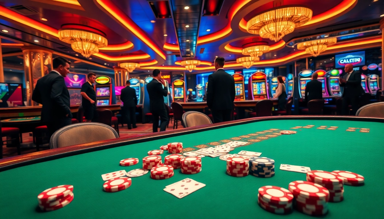 A captivating casino scene featuring 98win poker chips on a felt table, showcasing excitement in gambling.