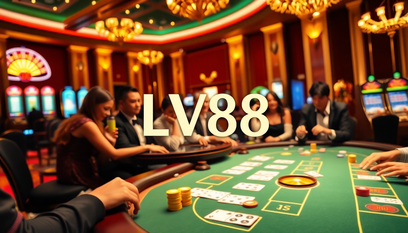 Players experiencing high-stakes action at LV88 casino table, surrounded by exciting gaming elements.