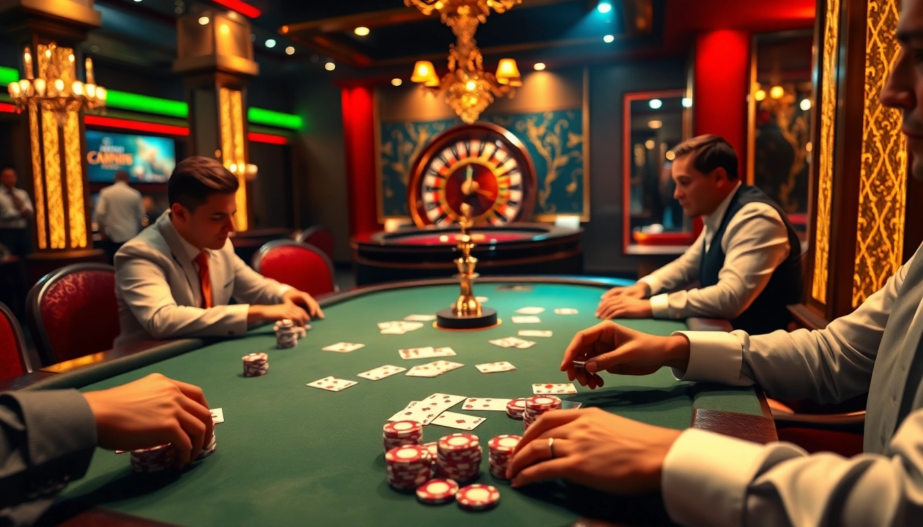 Rich casino scene showcasing a poker game with rikvip elements and luxury ambiance.