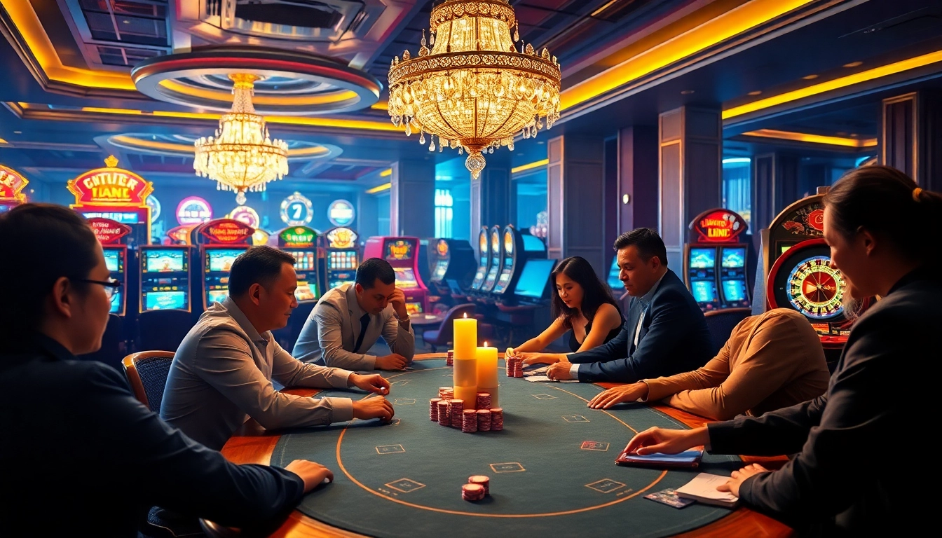 Players enjoying game bài at a luxurious casino table amidst vibrant decor.