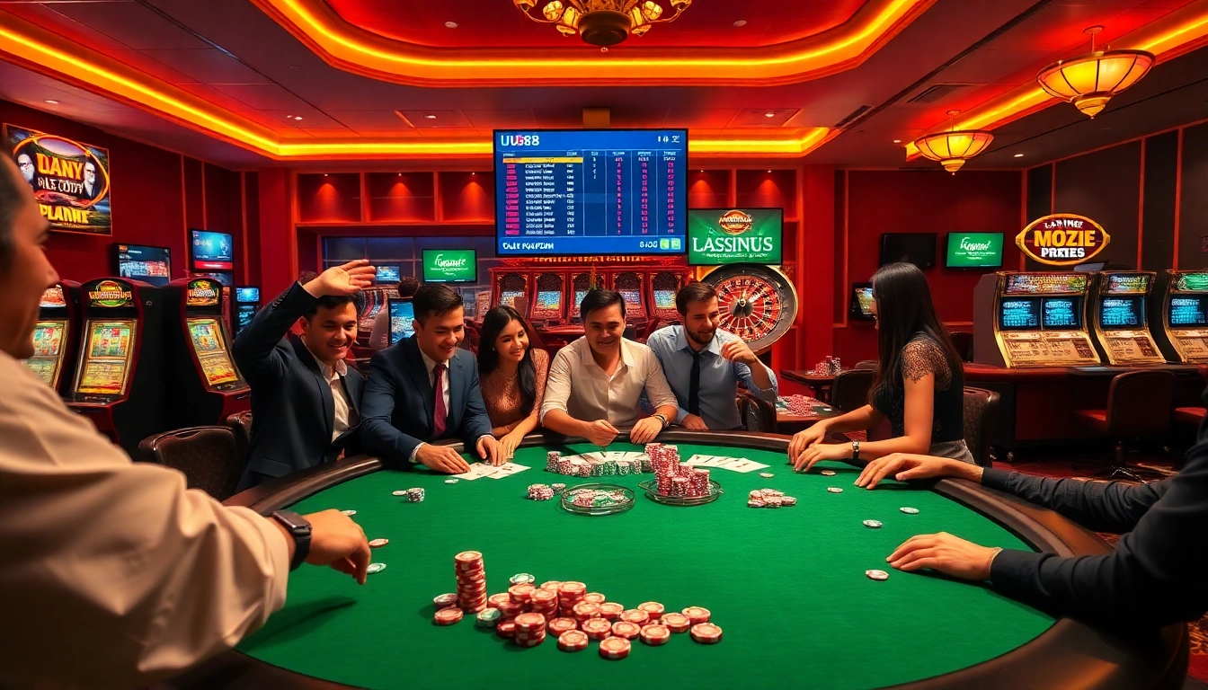 Engaged players at UU88's vibrant poker table, highlighting immersive gambling experience.