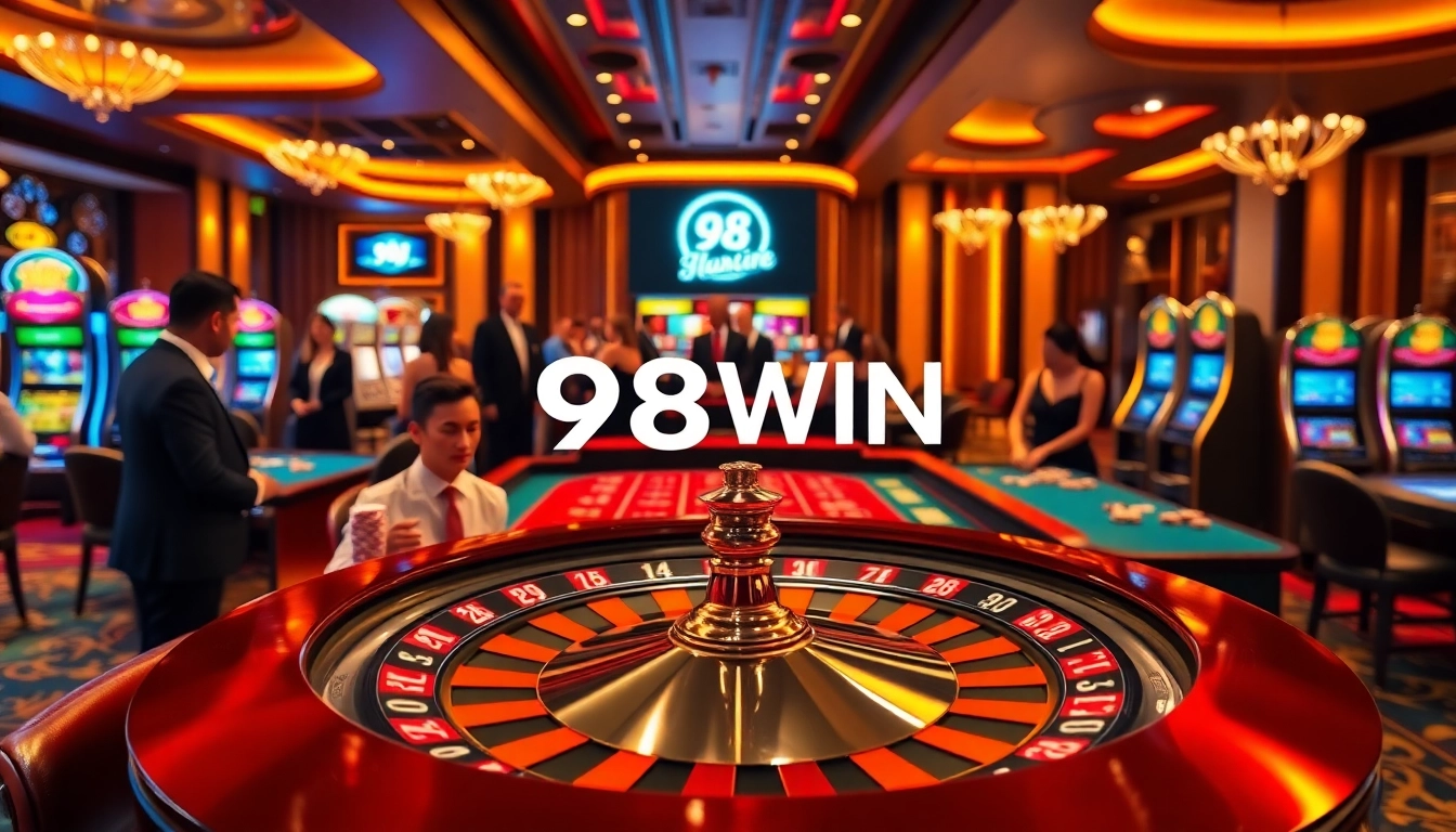 Players experiencing thrilling gameplay at the 98WIN casino with roulette and poker tables.