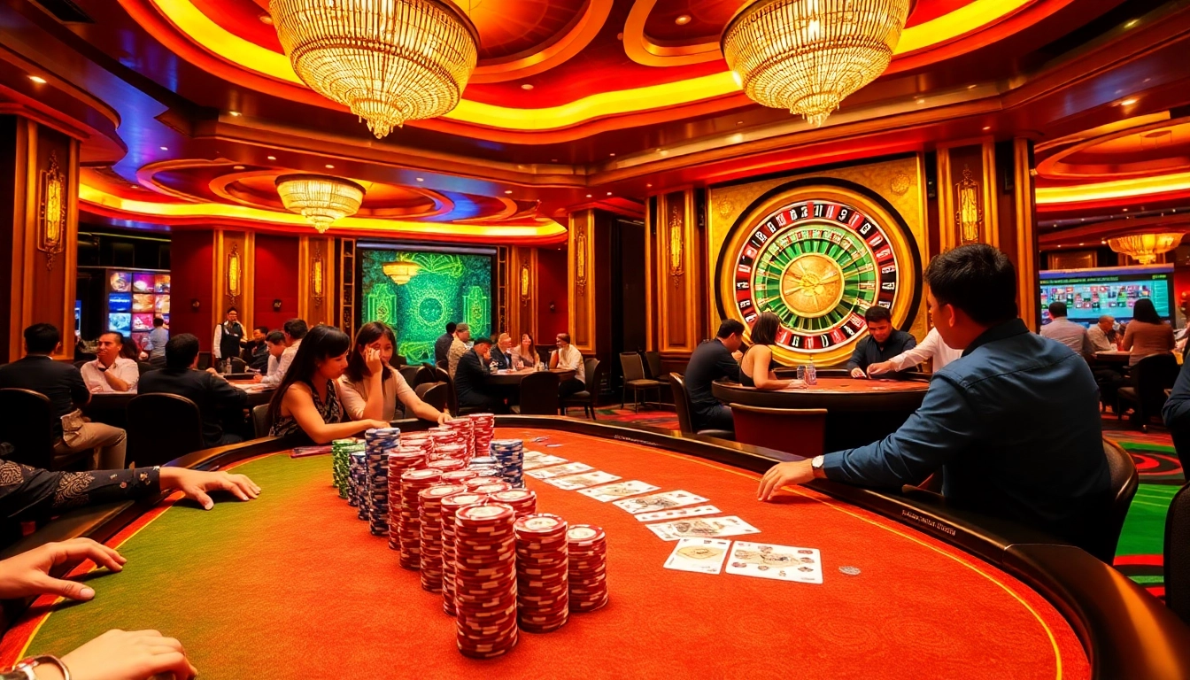 Engaging scene of casino gaming at vin777 vietnam showcasing poker tables and roulette.