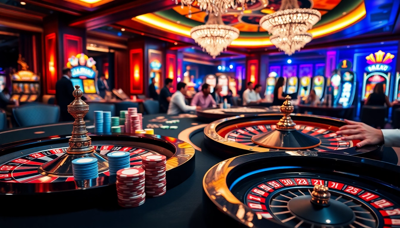 Engaging poker scene at dom88.us.com with vibrant chips and roulette wheel excitement.