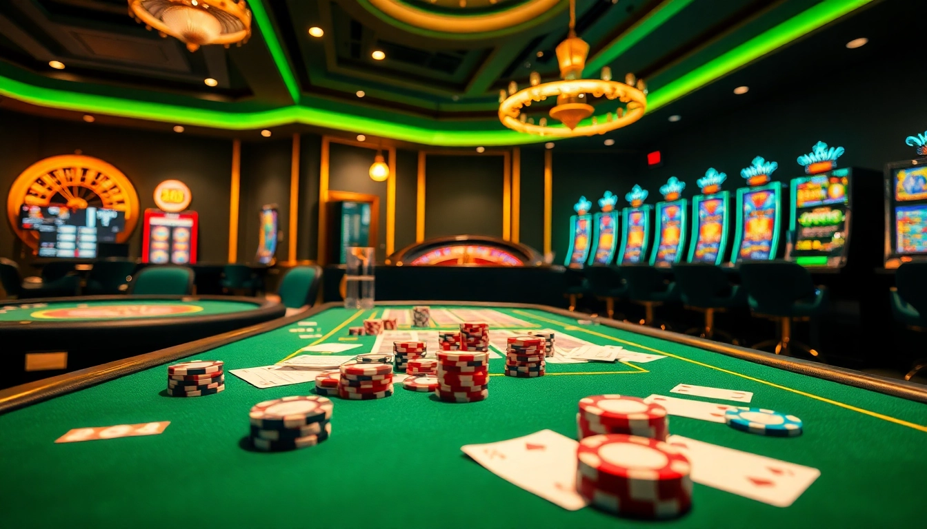 Experience the thrill of 23win with vibrant casino scenes featuring roulette and slot machines.