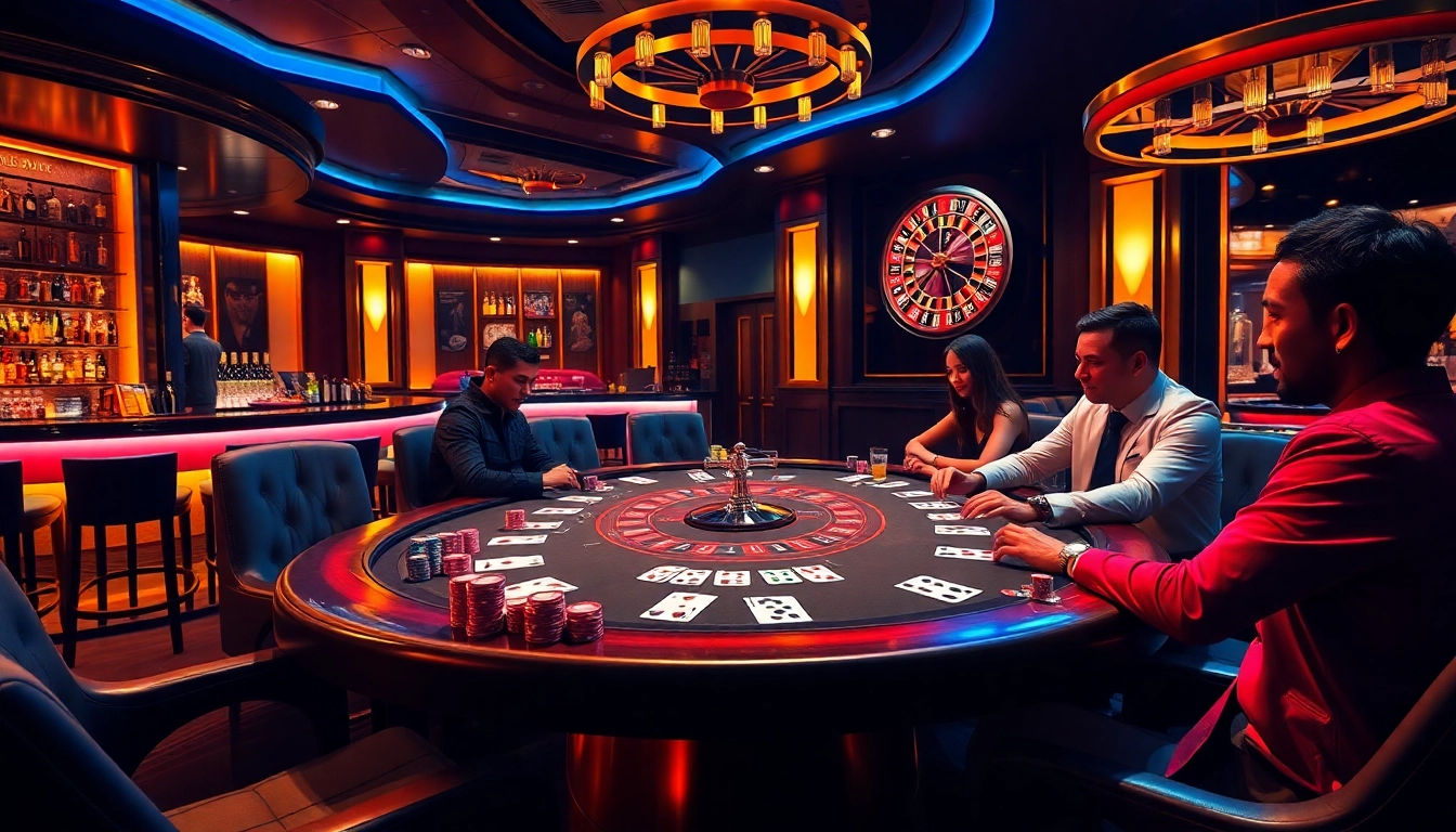 Players enjoying a thrilling poker game at a luxurious casino table, featured for Rikvip.