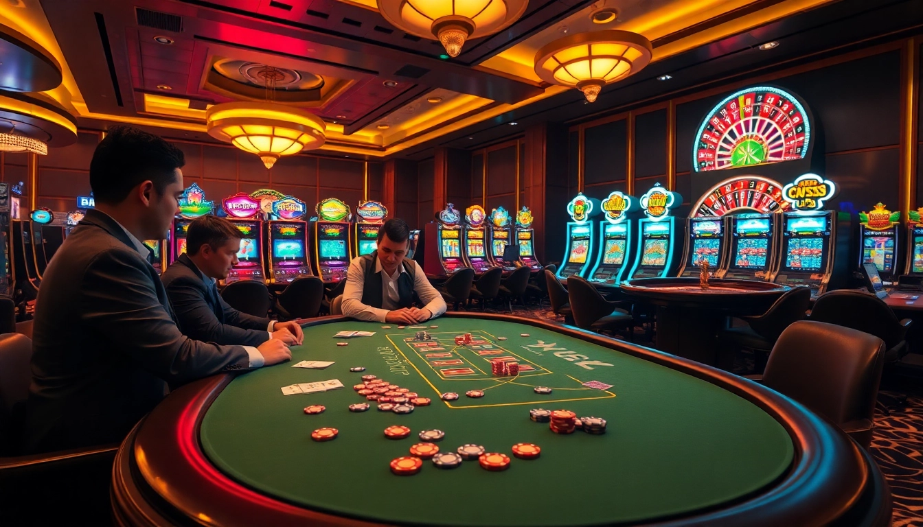 Engaged players at an XX88-themed casino table with vibrant slot machines in the background