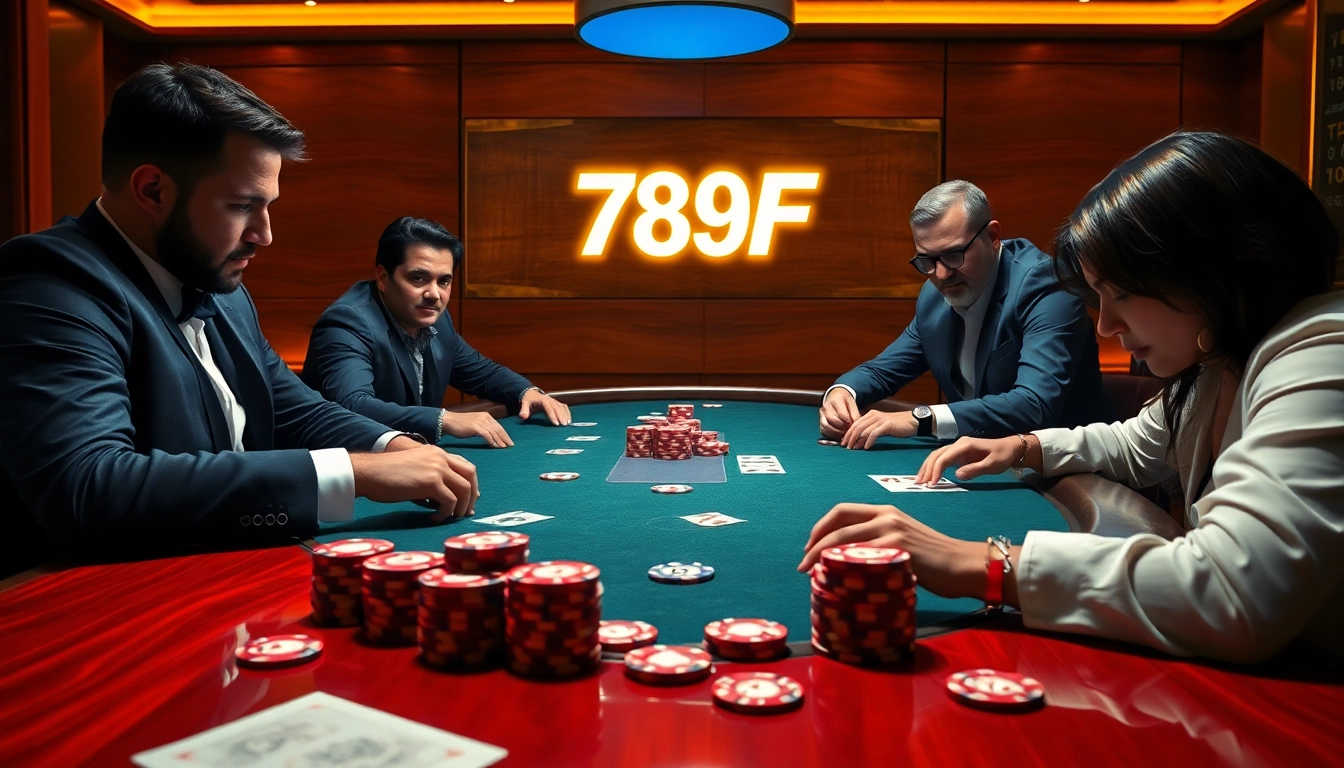 Experience the excitement of 789F with players intensely focused on a high-stakes poker game alongside vibrant chips and cards.