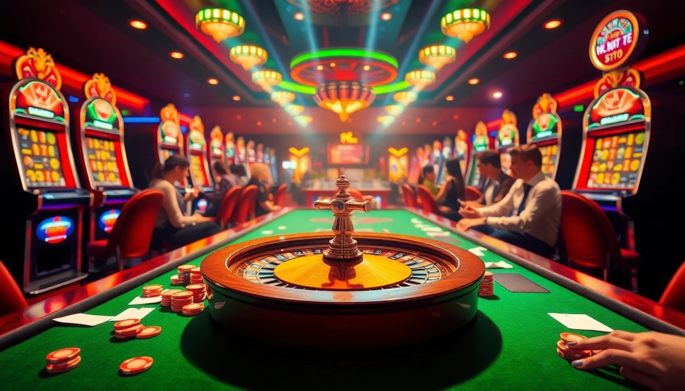 Exciting casino atmosphere with poker and slot machines featuring tr88 elements of high stakes and luxury.