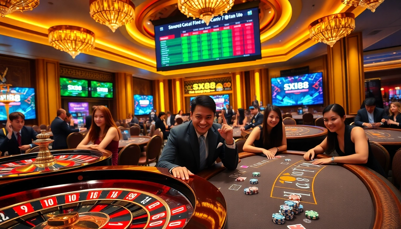 Players enjoying sx88 at luxurious casino tables with poker chips and cards.