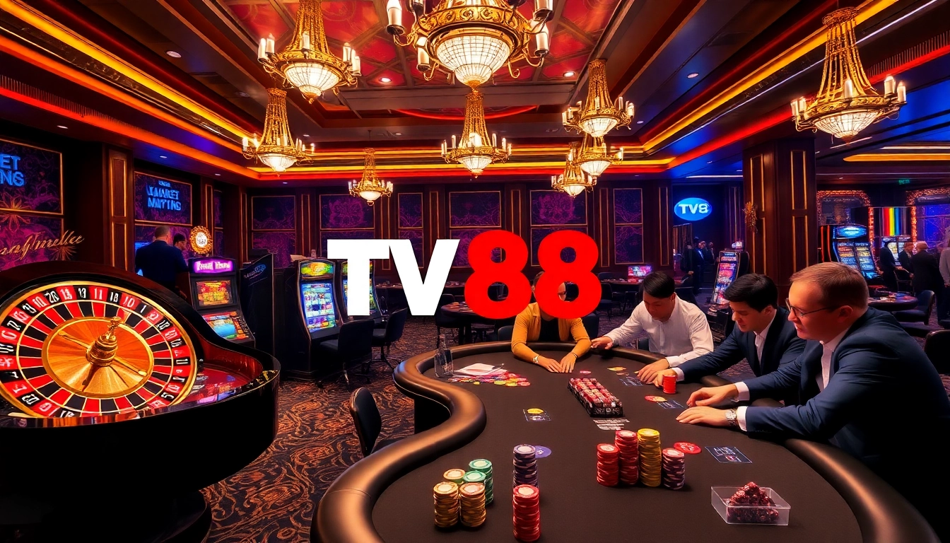 Players winning big at TV88, with vibrant casino tables and exciting gaming action.
