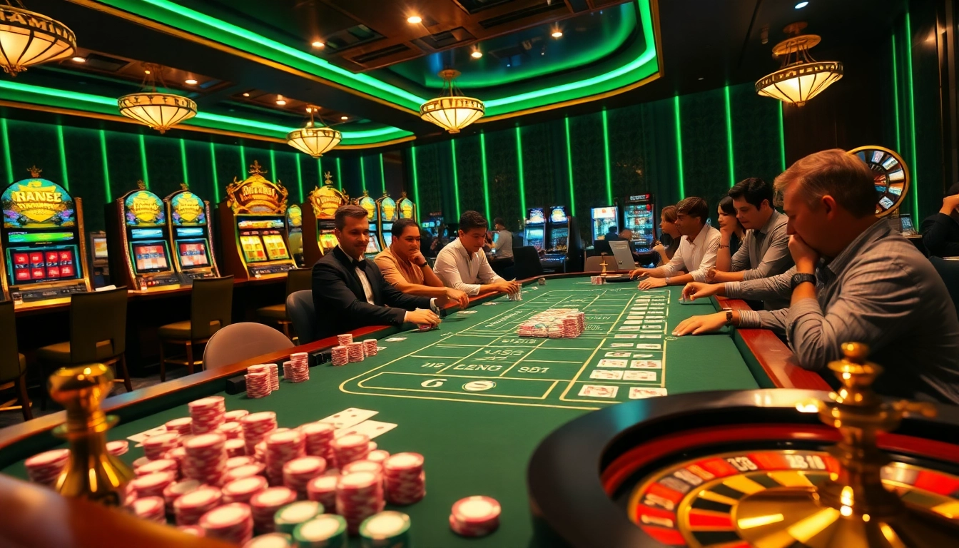 Engaged players enjoying a b52 gaming experience at a vibrant casino table with colorful chips.