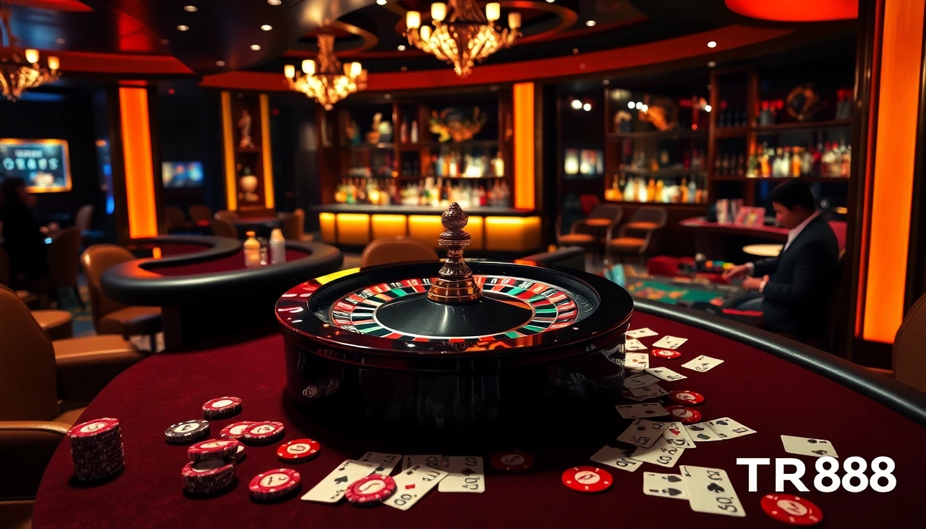 Players strategizing bets at a TR88-themed casino table, exuding luxury and excitement.