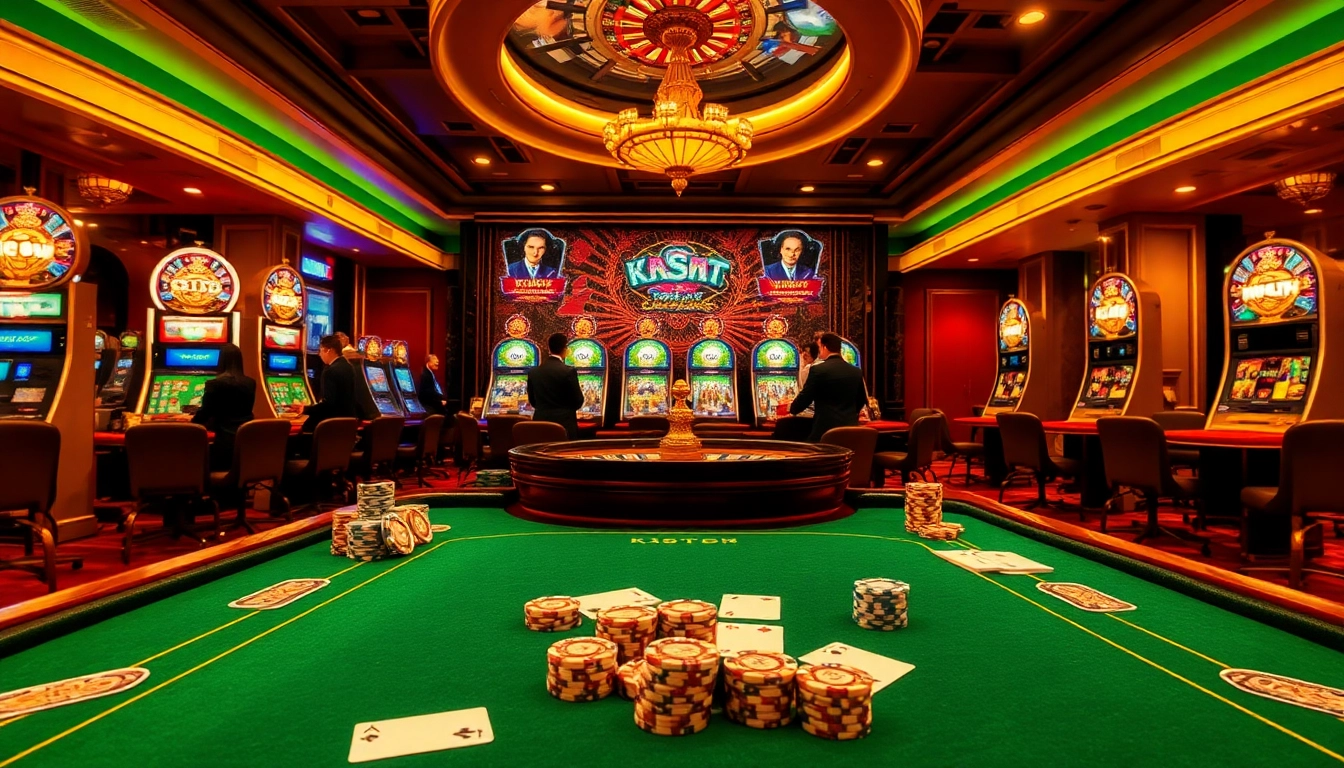 A dynamic scene of k8bet poker gaming with vibrant slot machines and professional dealers in a luxurious atmosphere.