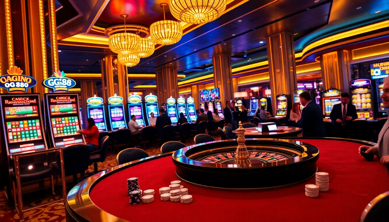 Exciting GG88 casino scene featuring luxurious slot machines and a roulette table.