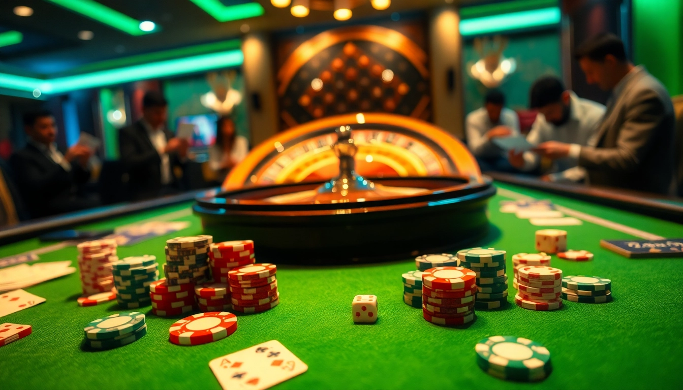 KUWIN casino scene showcasing exciting gameplay with poker chips, cards, and roulette.