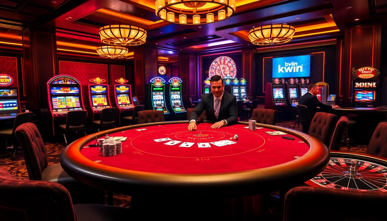Kwin casino features vibrant slot machines and a professional blackjack table for high-stakes gaming.