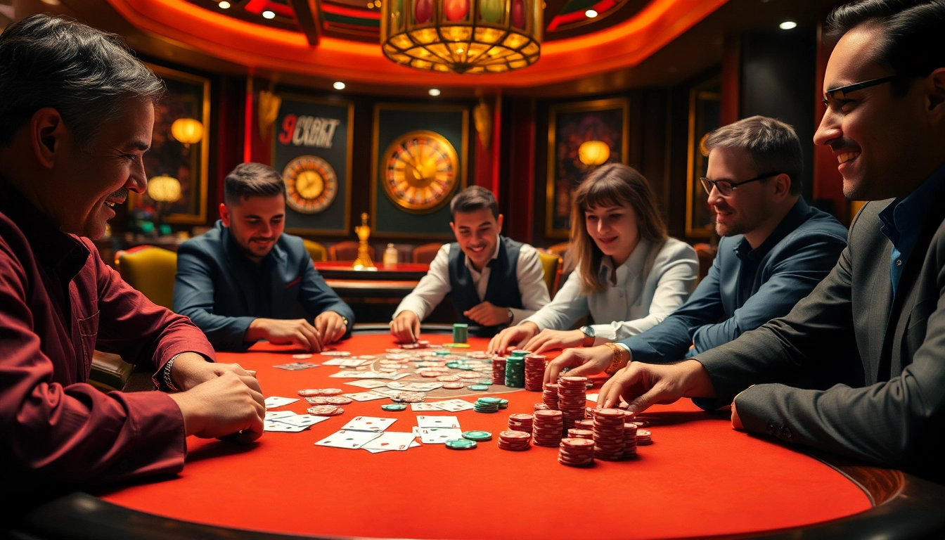 Players enjoying a thrilling poker game at i9betcom's luxurious casino table.