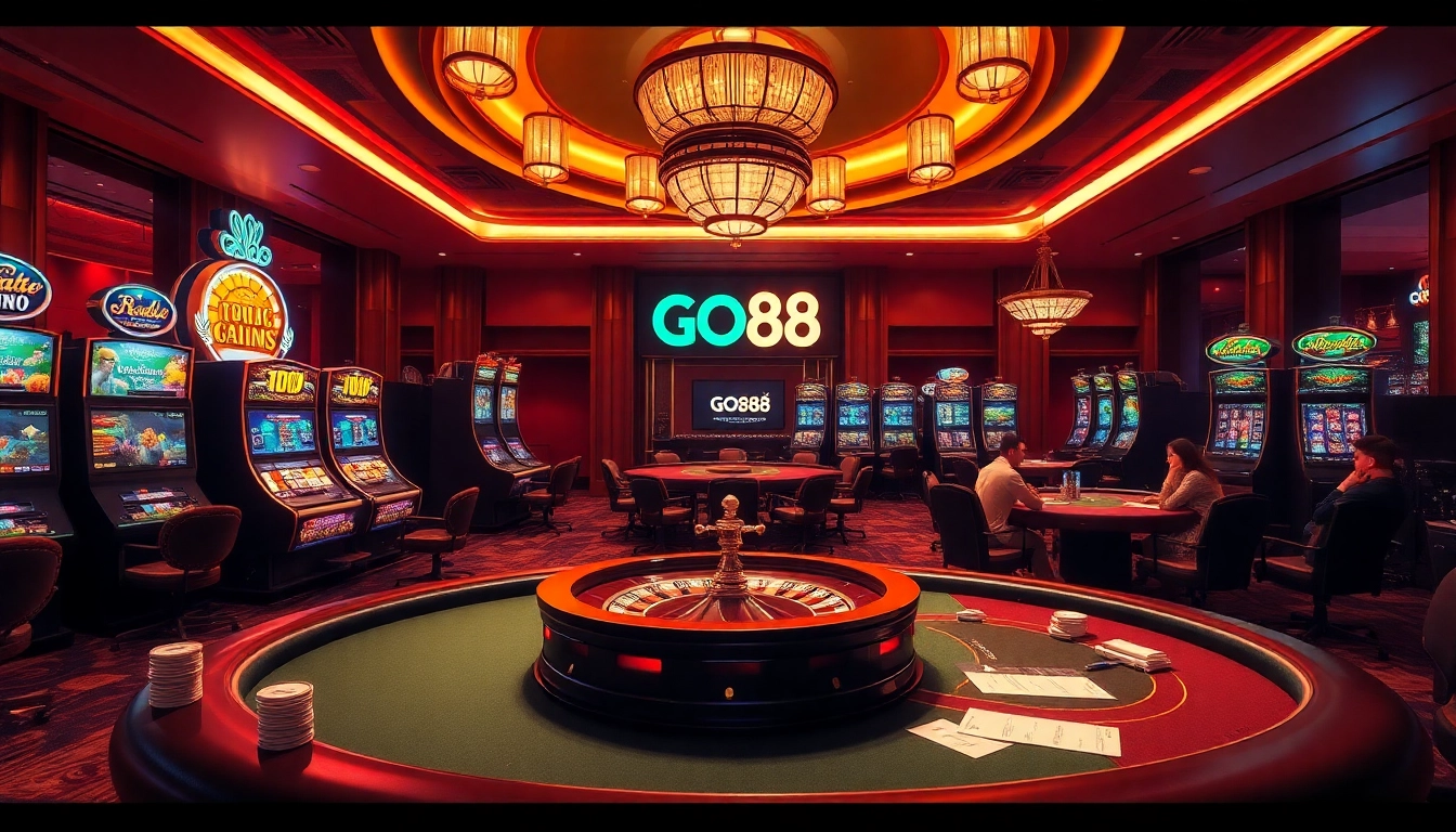 Experience the thrill of high-stakes gambling with GO88's elegant casino setting featuring poker tables and roulette.