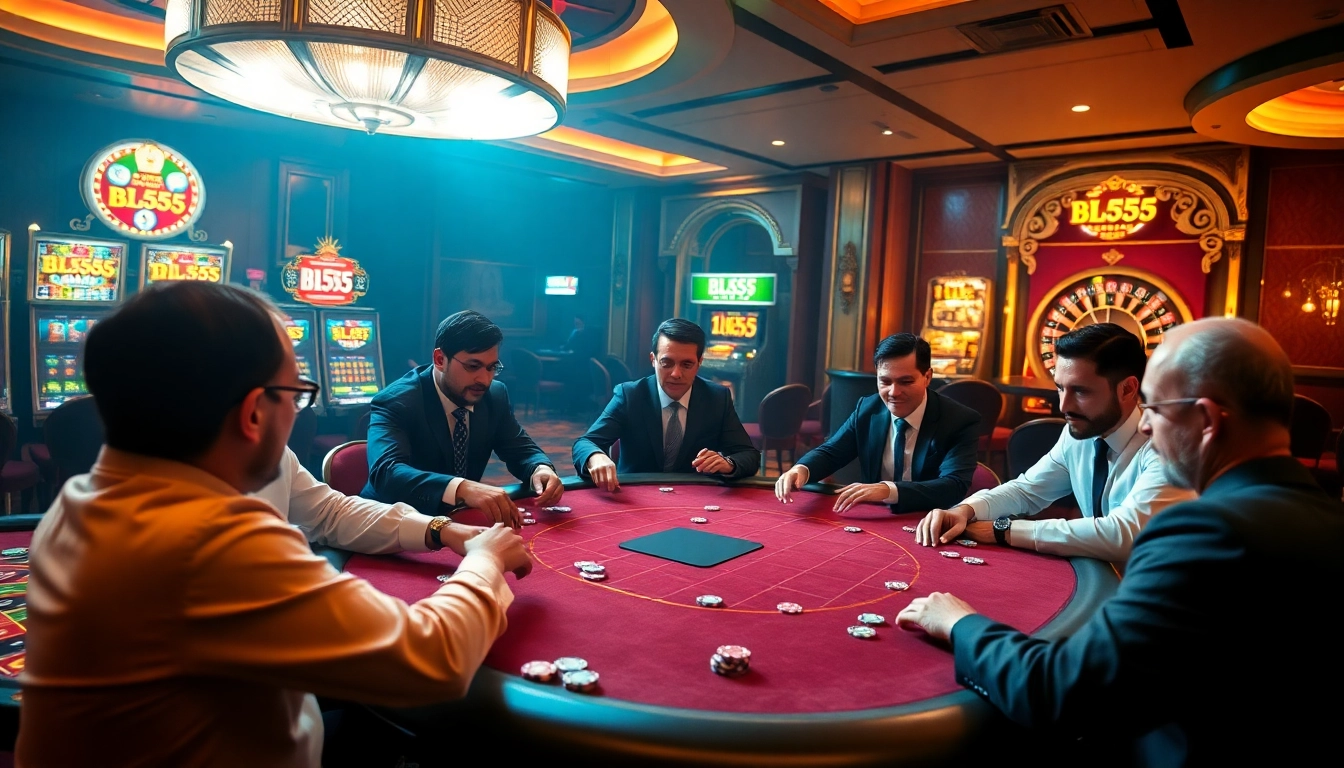 Players strategize gambling at a luxurious BL555 poker table surrounded by vibrant slot machines.