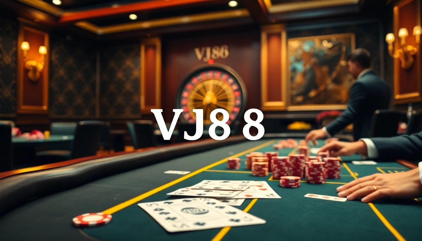Experience strategic betting at VJ88's vibrant poker table surrounded by luxury.