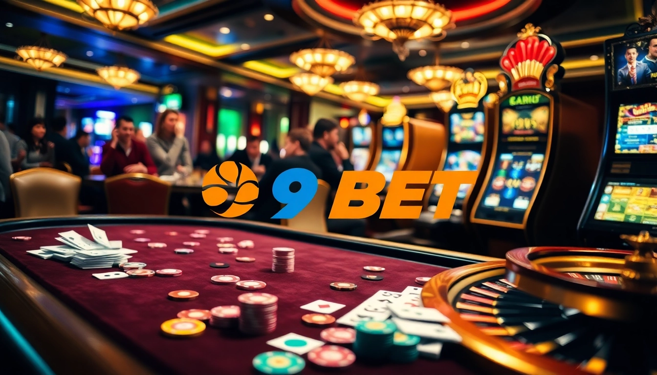 Experience the thrill of betting at 9BET with a vibrant casino scene showcasing poker and roulette.