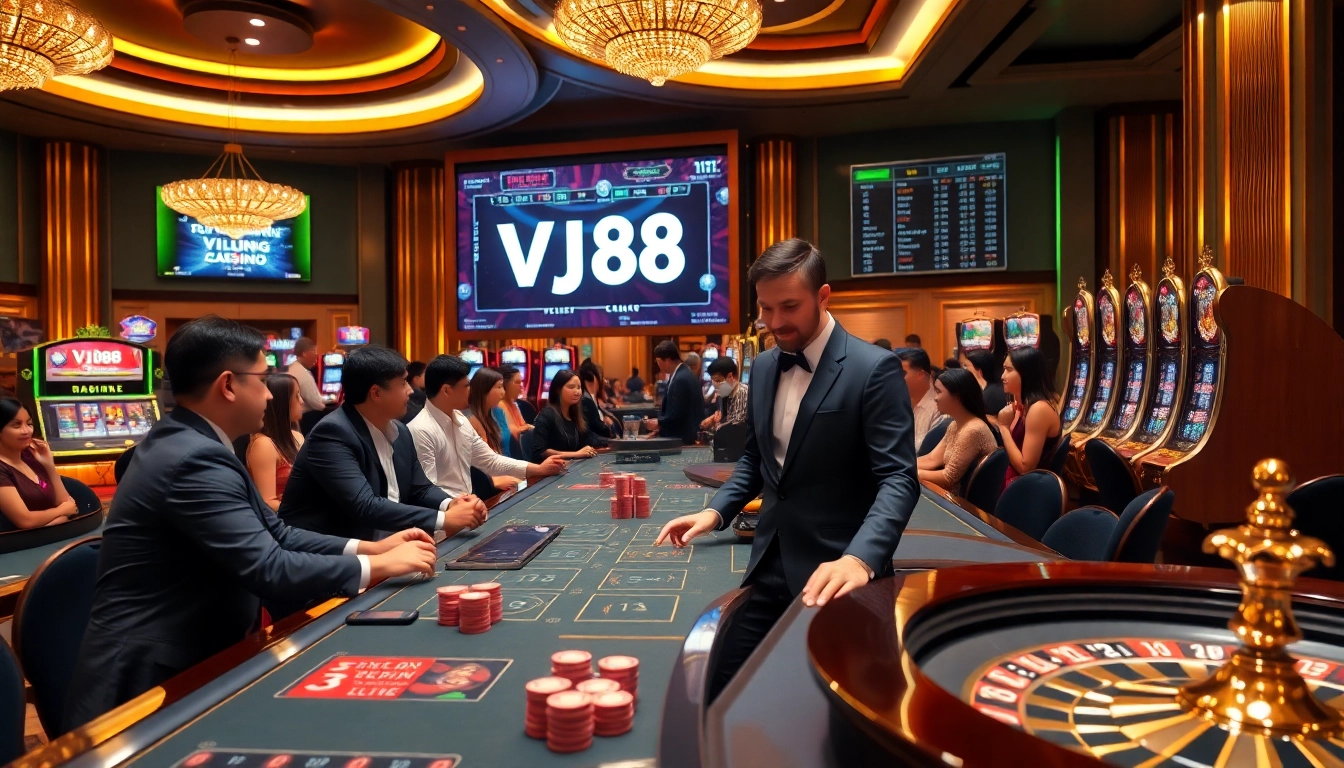 Experience the thrill of gambling with VJ88 at a luxurious casino table surrounded by vibrant game elements.