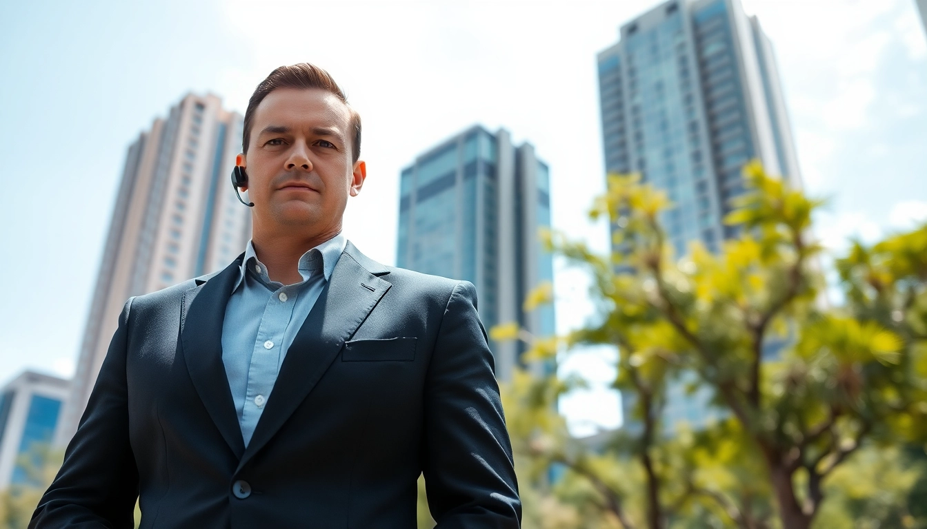 Private security bodyguard standing confidently in an urban environment, ensuring safety.