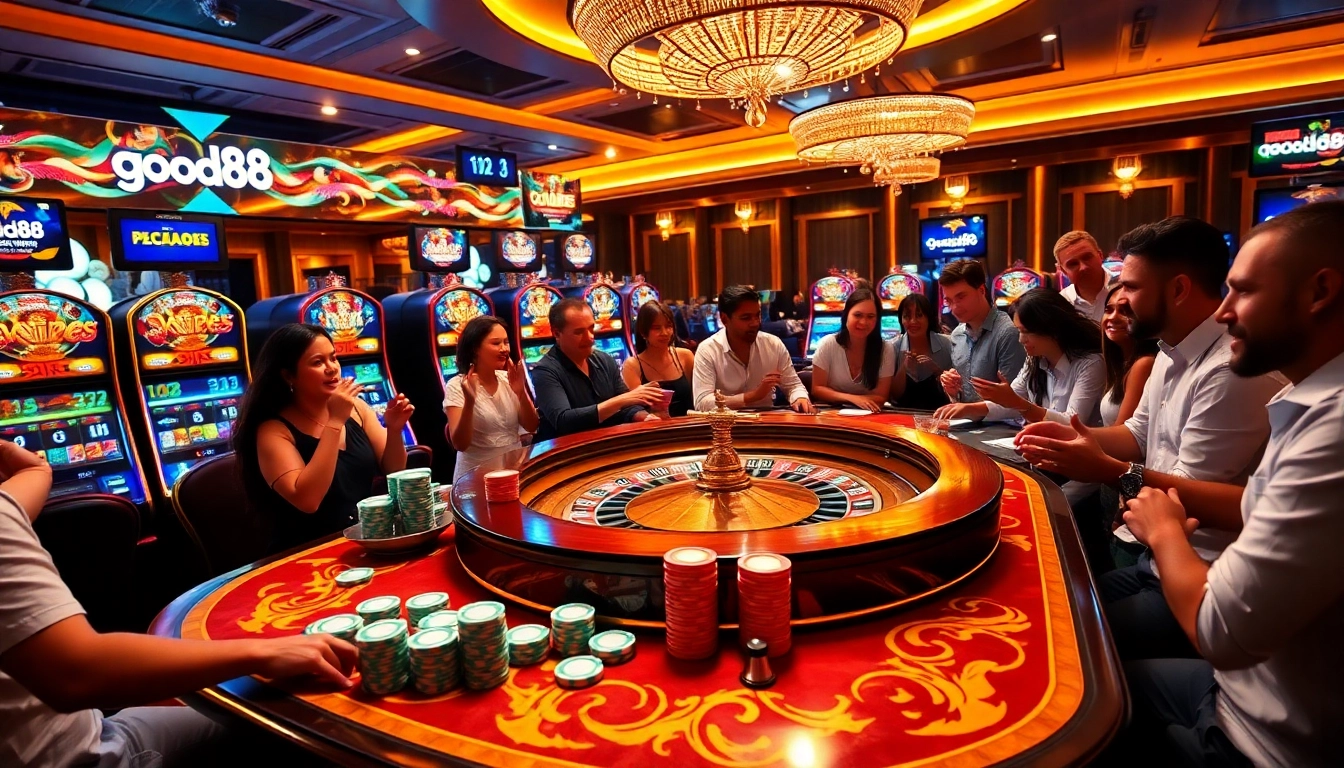 Players experience thrilling adventures at the good88 casino table, surrounded by colorful chips and roulette wheels.