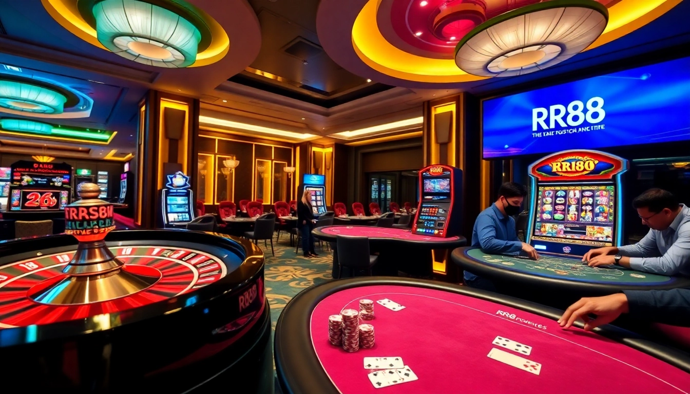Players involved in thrilling games at RR88 casino showcasing vibrant tables, chips, and excitement.