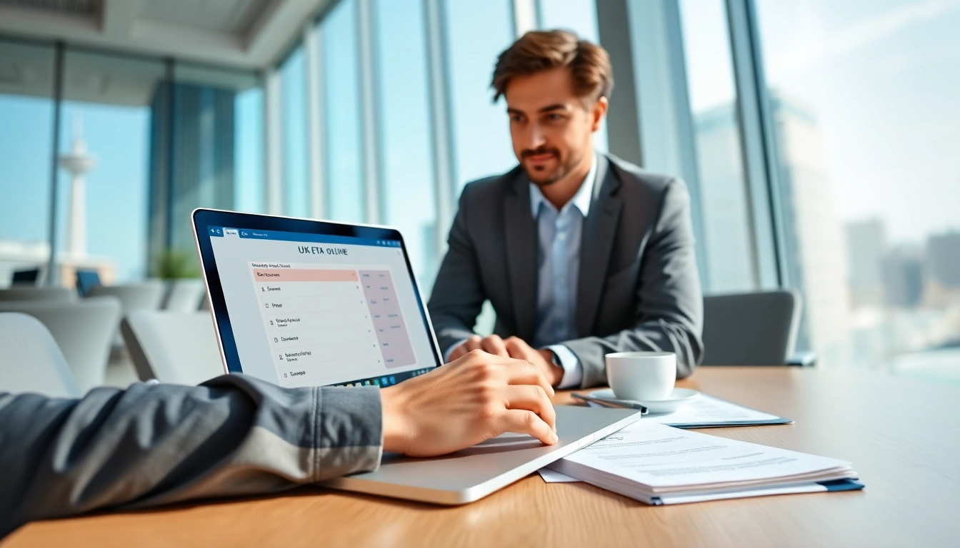 Submit your uk eta online application comfortably and confidently in a modern office.