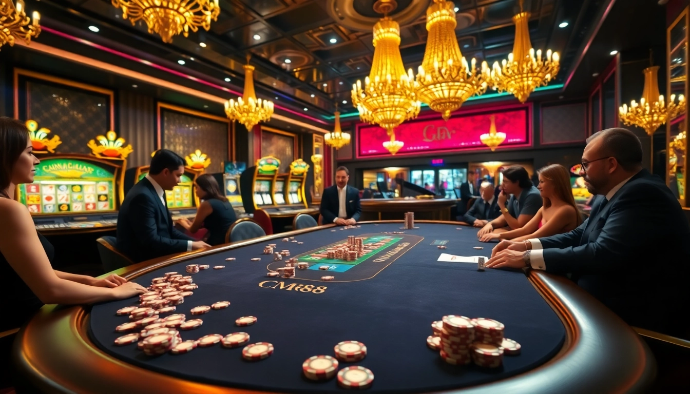 Players strategizing at a luxurious poker table in a casino, showcasing CM88's thrilling atmosphere.