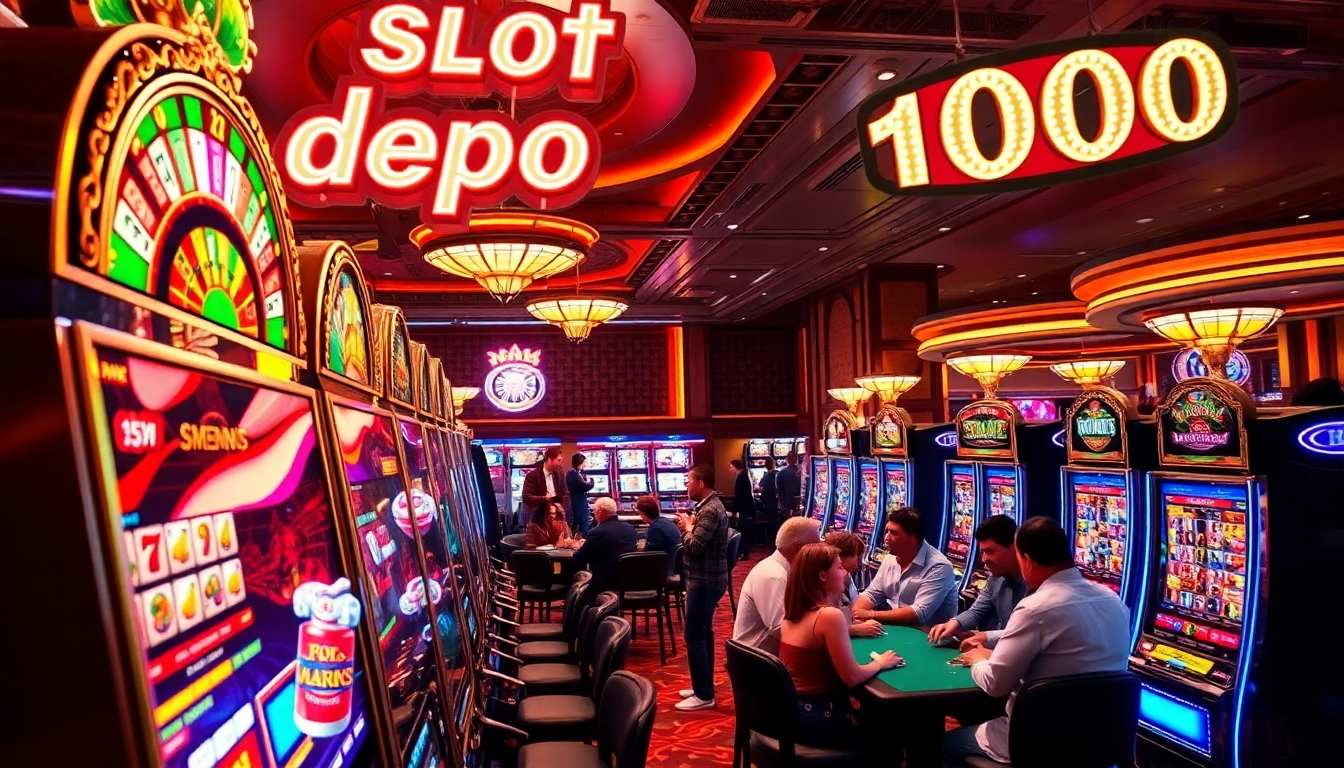 Kegembiraan meningkat di kasino saat para pemain terlibat dalam permainan Slot Depo 1000, menampilkan mesin slot yang berwarna-warni dan rolet.