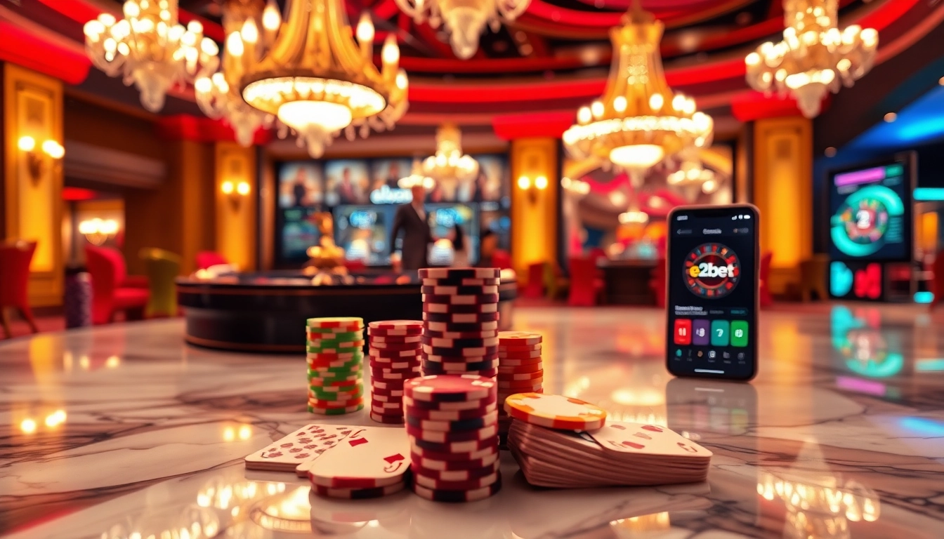 Experience the excitement of e2bet with a poker table, chips, and online gameplay.