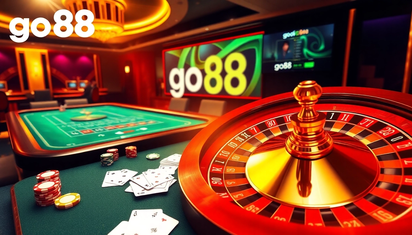 Engaging scene of go88 casino environment with tables, cards, and chips reflecting high-stakes gameplay.