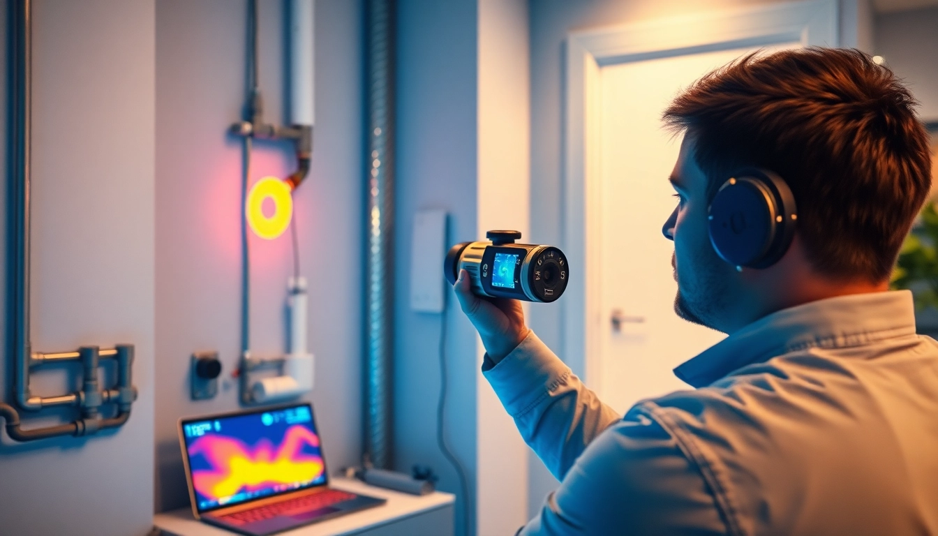 Leak detection technician using thermal imaging to find hidden water leaks in a home.