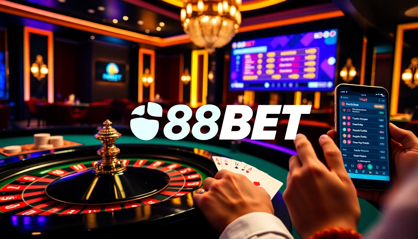 Experience high-stakes gaming at nhà cái 88BET with roulette and poker chips.