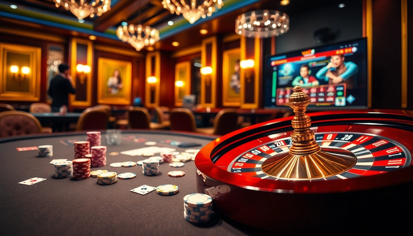 Experience the thrill of betting with vuabai9, featuring an exciting casino scene with poker chips and roulette wheel.